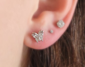 Petite Butterfly Flat Back Studs • Sparkle Diamond CZ Body Jewelry • Internally Threaded • Butterfly Jewelry • Cartilage • Comfort Studs