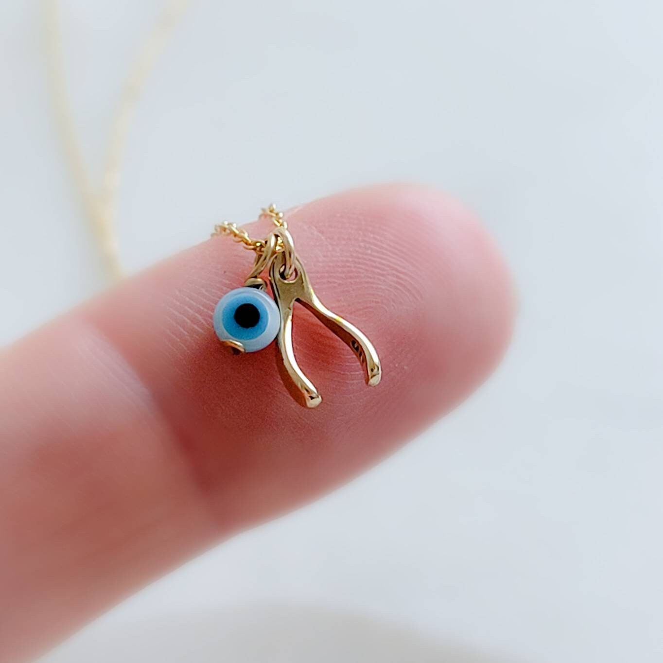 Tiny Wishbone & Evil Eye Necklace • Double Lucky Jewelry • Dainty