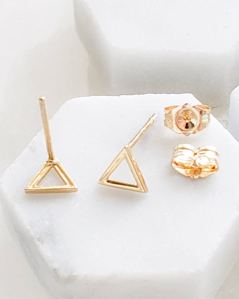 14k Gold Triangle Studs Small Geometric Earrings Gold Etsy