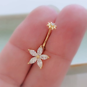 Sparkle Star Flower Belly Button Ring • Diamond CZ • Double Jeweled Navel • 14 Gauge • 14k Gold Plate • 316L Surgical Steel • Diamond CZ