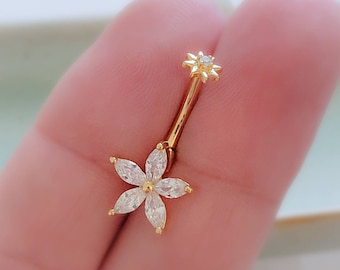 Sparkle Star Flower Belly Button Ring • Diamond CZ • Double Jeweled Navel • 14 Gauge • 14k Gold Plate • 316L Surgical Steel • Diamond CZ