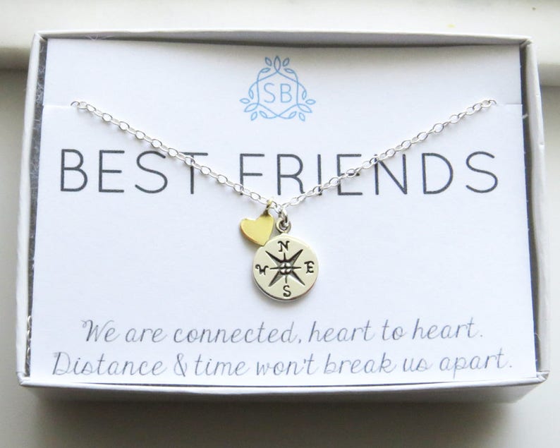 Best Friend Gift Compass & Heart Charm Necklace Compass Rose BFF Gift Long Distance Friends Sentiment Card Friends Forever image 1