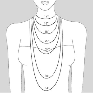 May include: Diagram showing different necklace lengths on a model, from 14 inches to 34 inches.