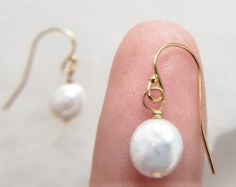 Tiny Coin Pearl Earrings • Delicate Pearl Drops • Simple Pearl Earrings • White Pearls • Bridesmaid Gift • Dainty Pearl Earrings • Gold