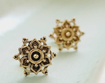 Golden Mandala Studs • Flower of Life • Bronze Earrings • Bohemian • Spiritual • Meditation • Delicate • Sacred Geometry • Zen Yoga Gift