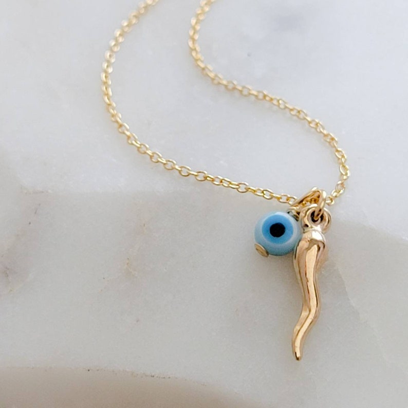Tiny Italian Horn & Evil Eye Necklace Good Luck Charms Gold Italian Horn Nazar Necklace BFF Gift Protection Amulets Good Vibes 14k Gold Fill