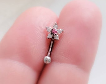 Sparkle Flower Eyebrow Ring • Petite Belly Button Ring • 16 Gauge • Body Jewelry • Flower Belly Ring • Curved Barbell • Surgical Steel
