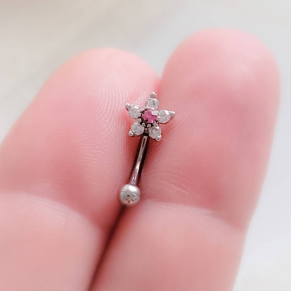 Sparkle Flower Eyebrow Ring • Petite Belly Button Ring • 16 Gauge • Body Jewelry • Flower Belly Ring • Curved Barbell • Surgical Steel