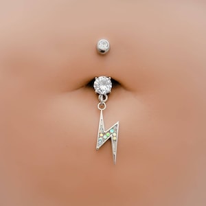 Lightning Bolt Dangle Belly Ring • Unique Body Jewelry • Belly Button Piercing • 14 Gauge • Surgical Steel • Aurora Borealis Crystals