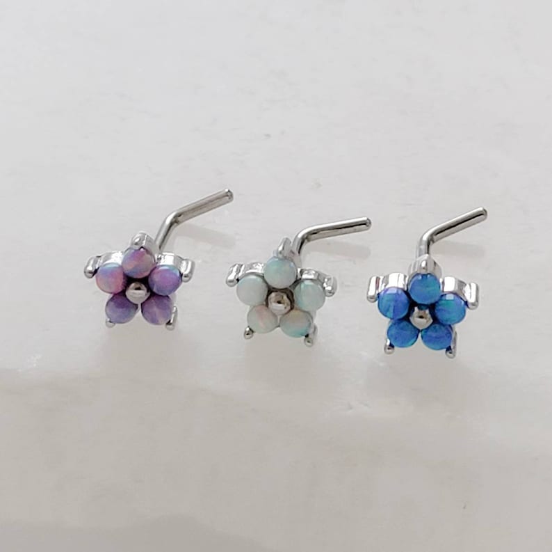 Daisy Opal Nose Stud • Dainty Flower L Bend • Surgical Steel • Fire Opals • Tiny Opal Flower • 20 Gauge • Nose Piercing • Body Jewelry image 3