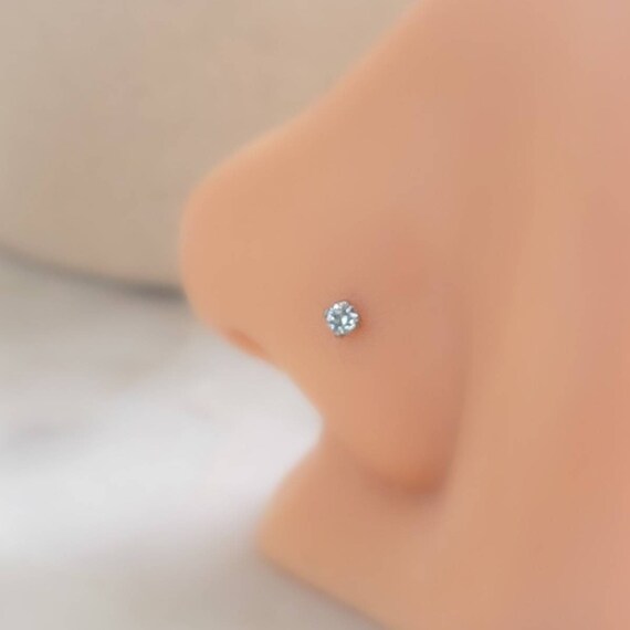 14K White Gold Nose Stud Light Blue Diamond CZ 20 Gauge L Bend