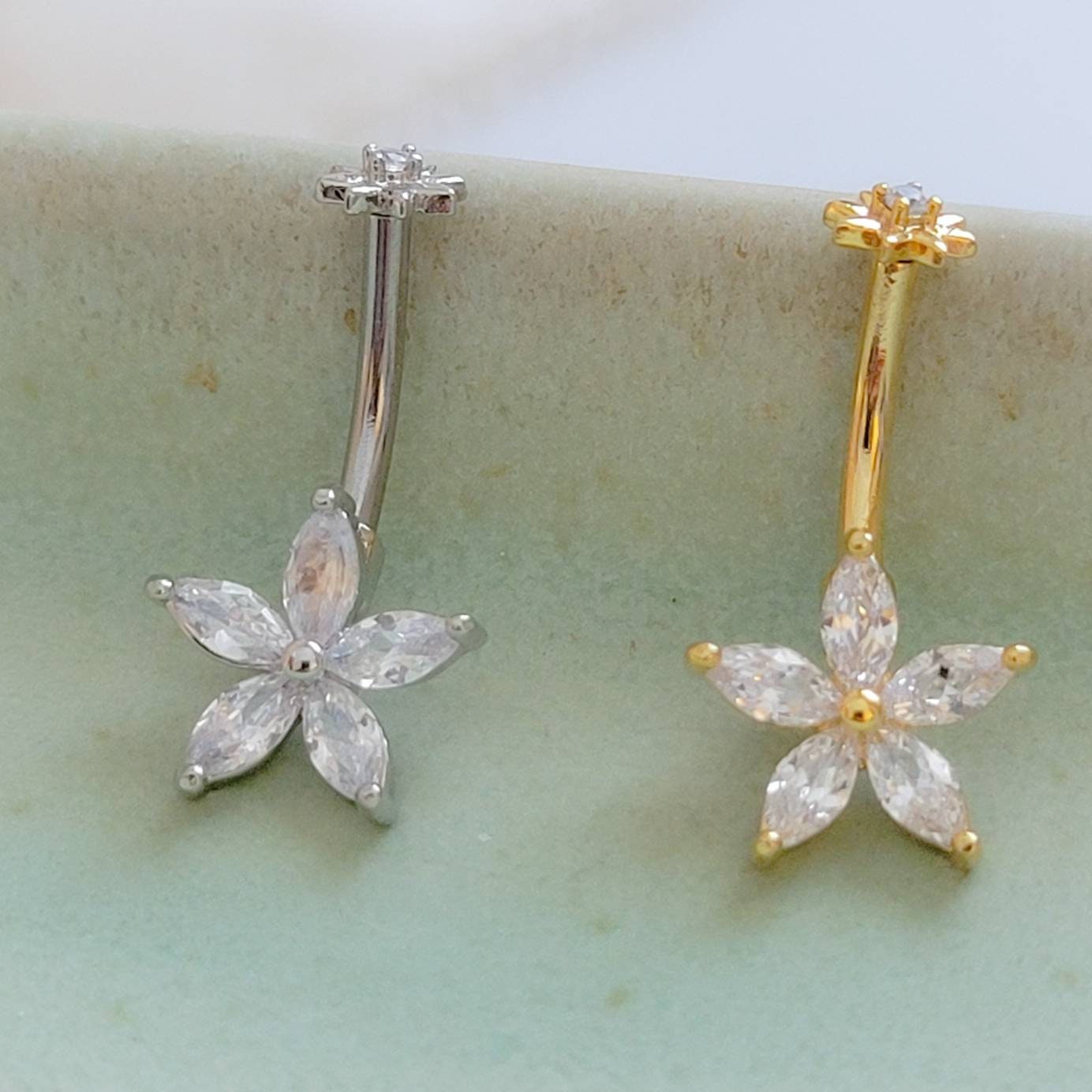 Sparkle Star Flower Belly Button Ring • Diamond CZ • Double