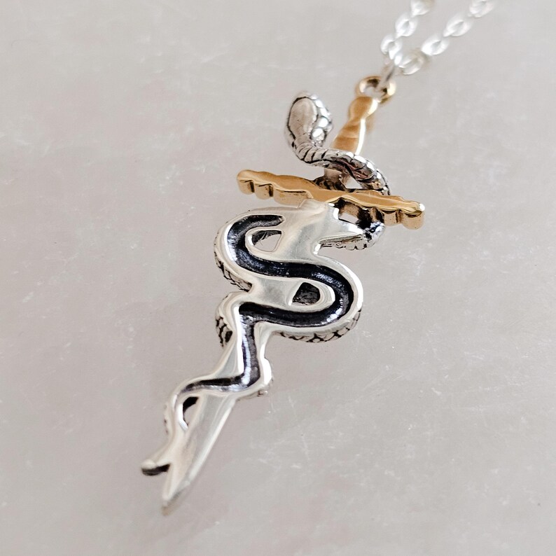 May include: A silver-toned pendant necklace featuring a dagger design with a snake wrapped around it. The dagger has a gold-colored handle and a silver blade. The snake is detailed with black accents.