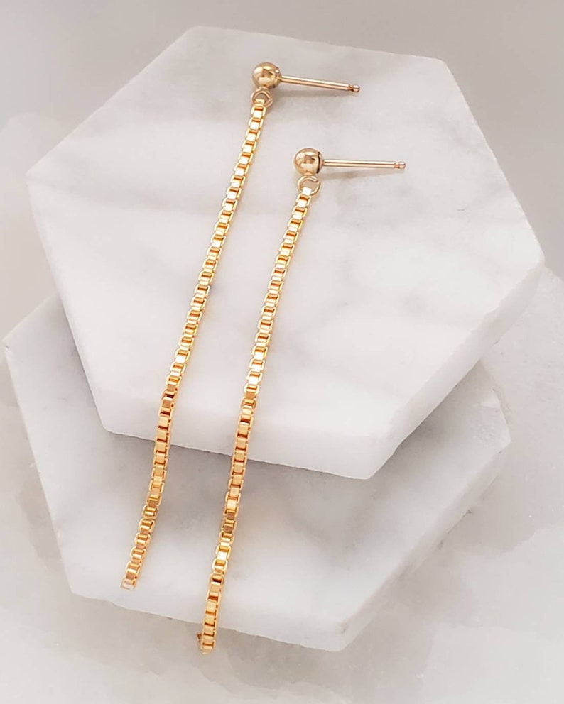 Long Chain Earrings \u2022 Slinky Box Chain Drops \u2022 Long Linear Earrings \u2022 Modern Style \u2022 Minimalist \u2022 Long Gold Earrings