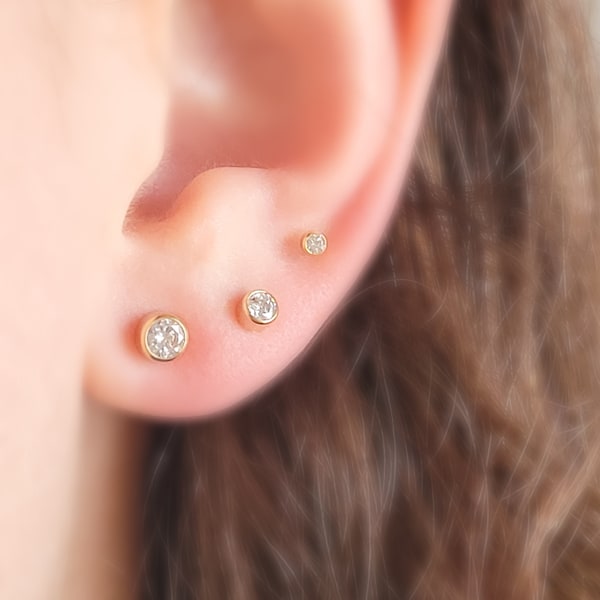 Bezel Set Diamond CZ Studs • Dainty Stud Earrings •  Tiny Gold Studs • Cartilage Stud • Hypoallergenic • Waterproof Earrings