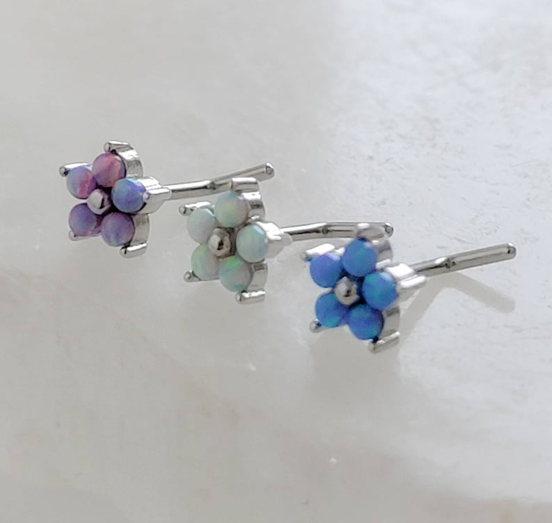 Daisy Opal Nose Stud • Dainty Flower L Bend • Surgical Steel • Fire Opals • Tiny Opal Flower • 20 Gauge • Nose Piercing • Body Jewelry image 2