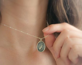 Custom Cat Charm with Crescent Moon & Stars • Sterling Silver Wax Seal Necklace with Engraving Option • Midnight Kitty Cat