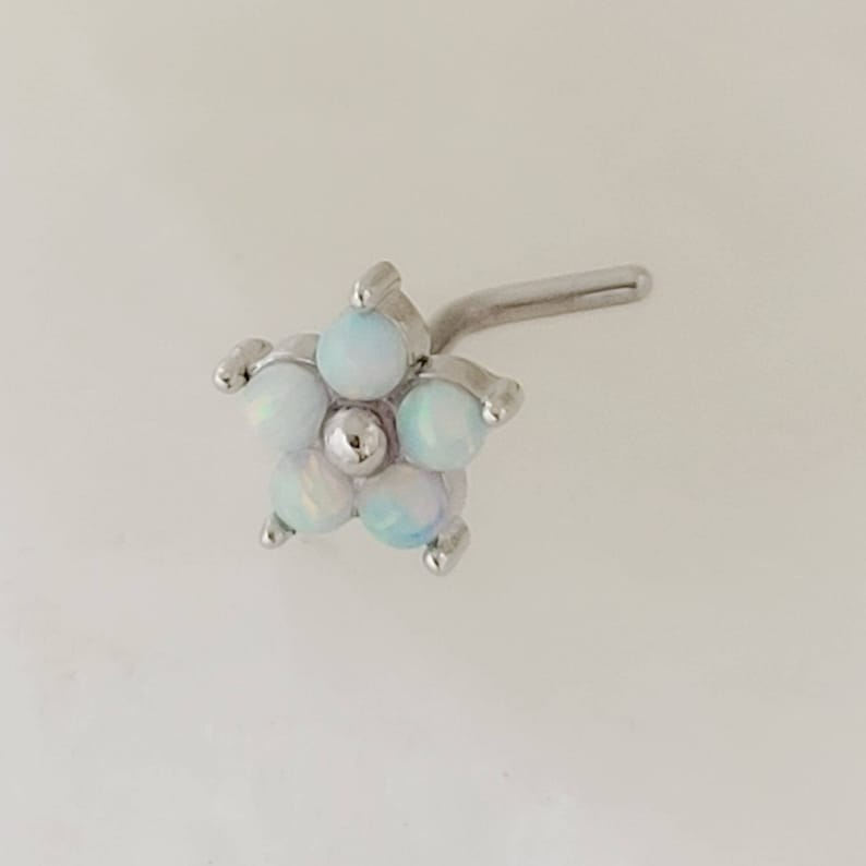 Daisy Opal Nose Stud • Dainty Flower L Bend • Surgical Steel • Fire Opals • Tiny Opal Flower • 20 Gauge • Nose Piercing • Body Jewelry White Opal