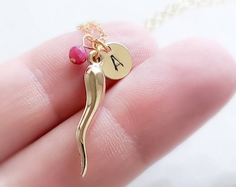 Italian Horn Cornicello Necklace • Personalized Initial & Birthstone • Good Luck Charm • Protection Amulet • Gold Horn Necklace • Waterproof