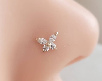 14k Gold Butterfly Nose Stud • 22 Gauge L-Bend • CZ Diamond Nose Stud • Dainty and Feminine Nose Jewelry • Nostril Piercing