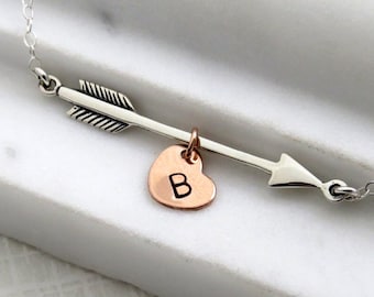 Arrow Necklace with Custom Initial Charm • Personalized Necklace for A New Mom • Gift For Grandma • Children's Initials • Cupid's Arrow