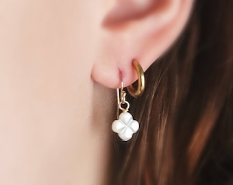 Mother of Pearl Earrings  • Hand Carved Clover Drops • Four Leaf Clover • Shamrock Charm • Dainty Mother of Pearl Drops • Modern Flower