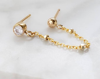 CZ Diamond Stud Chain Earrings • Dainty Chain studs • Double Piercing • Delicate Gold Earrings • Multiple Piercings • Sparkly Chain • Single