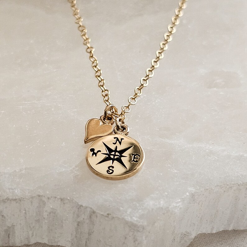 BFF Compass Necklace Best Friend Gift Long Distance Friendship Soul Sisters Compass Charm Going Away Gift Friendship Jewelry Gold w/ Gold Heart