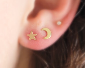 Mix & Match Crescent Moon and Star Stud Earrings • Tiny Moon and Star • Stacking Earrings • Dainty Studs • Celestial Stud Earrings