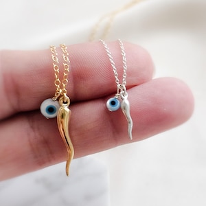 Italian Horn & Evil Eye Necklace • Good Luck Charms • Gold Italian Horn • Nazar Necklace • BFF Gift • Protection Amulets • Two Sizes