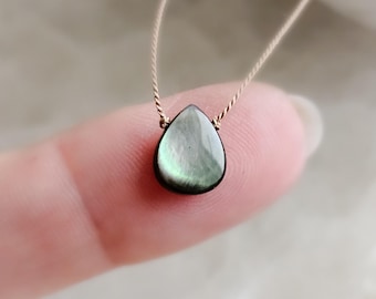 Tear Drop Necklace • Black Mother of Pearl Pendant Strung on Silk Cord • Dainty Rainbow Teardrop Necklace • Layering Necklace • Waterproof