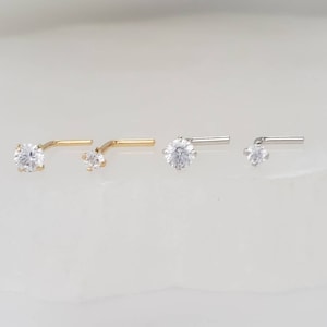 14K Gold & Diamond CZ Nose Stud • 20G • Dainty 14 karat Nose Jewelry • L Bend • Delicate Nose Stud • Minimalist • Yellow or White Gold