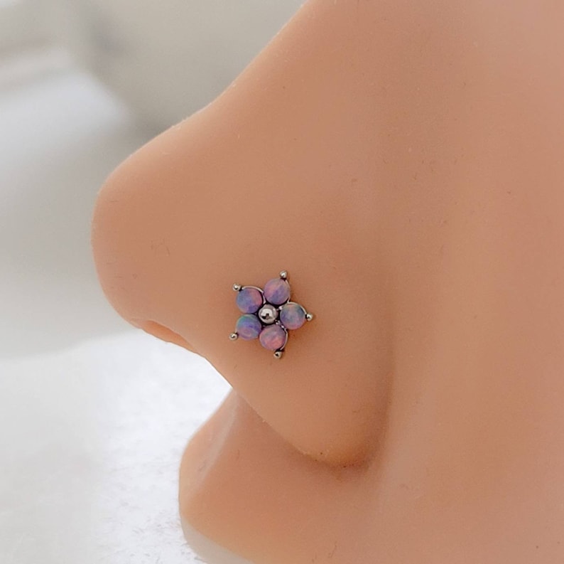 Daisy Opal Nose Stud • Dainty Flower L Bend • Surgical Steel • Fire Opals • Tiny Opal Flower • 20 Gauge • Nose Piercing • Body Jewelry image 7