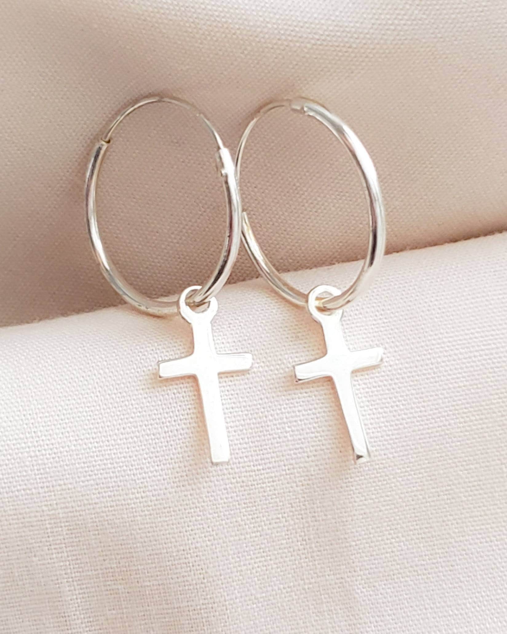 Cross Hoop Earrings Silver Endless Hoops Small Cross Charm Etsy