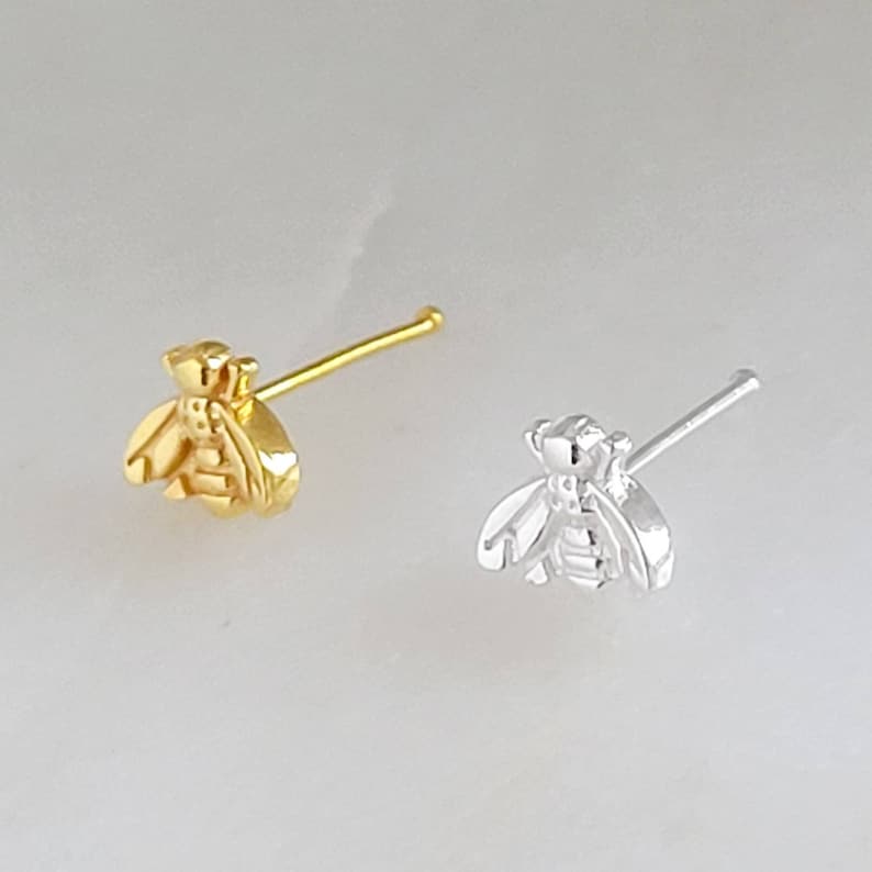 Tiny Bee Nose Bone 24 Gauge Sterling Silver Nose Jewelry Little Bee Nose Stud Small Nose Piercing image 7