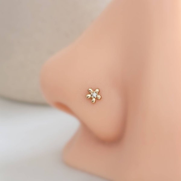 Tiny 14K Gold Flower Nose Stud With Tiny Diamond CZ Accent • Yellow Gold Nose Stud • Dainty Daisy Flower • Waterproof • 20 Gauge • L Bend