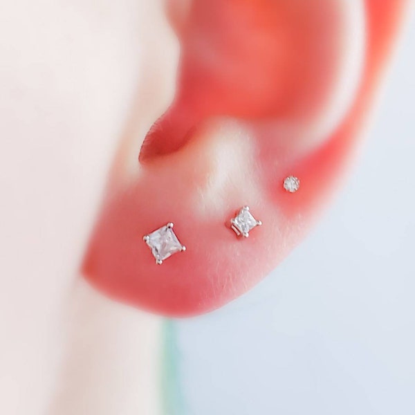 Tiny Square Diamond CZ Stud Earrings • Cubic Zirconia Studs • Dainty Silver Earring Studs • Delicate Princess Cut Studs