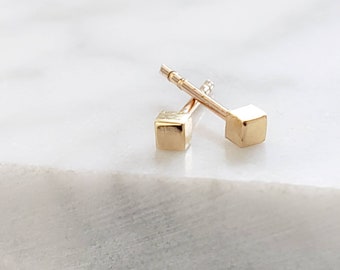 14K Gold Tiny Cube Studs • Little Gold Studs • Delicate Square Stud Earrings • Minimalist Earrings • 14 Karat Gold Studs • Post Earrings