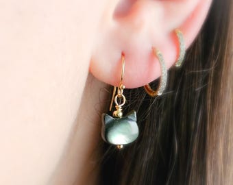Cat Lover Drop Earrings • Mother of Pearl Cat Earrings • Sterling Silver or 14k Gold Fill • Gift for Cat Mom
