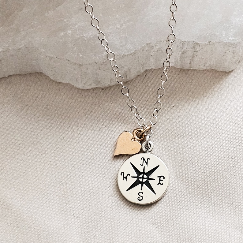 BFF Compass Necklace Best Friend Gift Long Distance Friendship Soul Sisters Compass Charm Going Away Gift Friendship Jewelry Silver w/Gold Heart