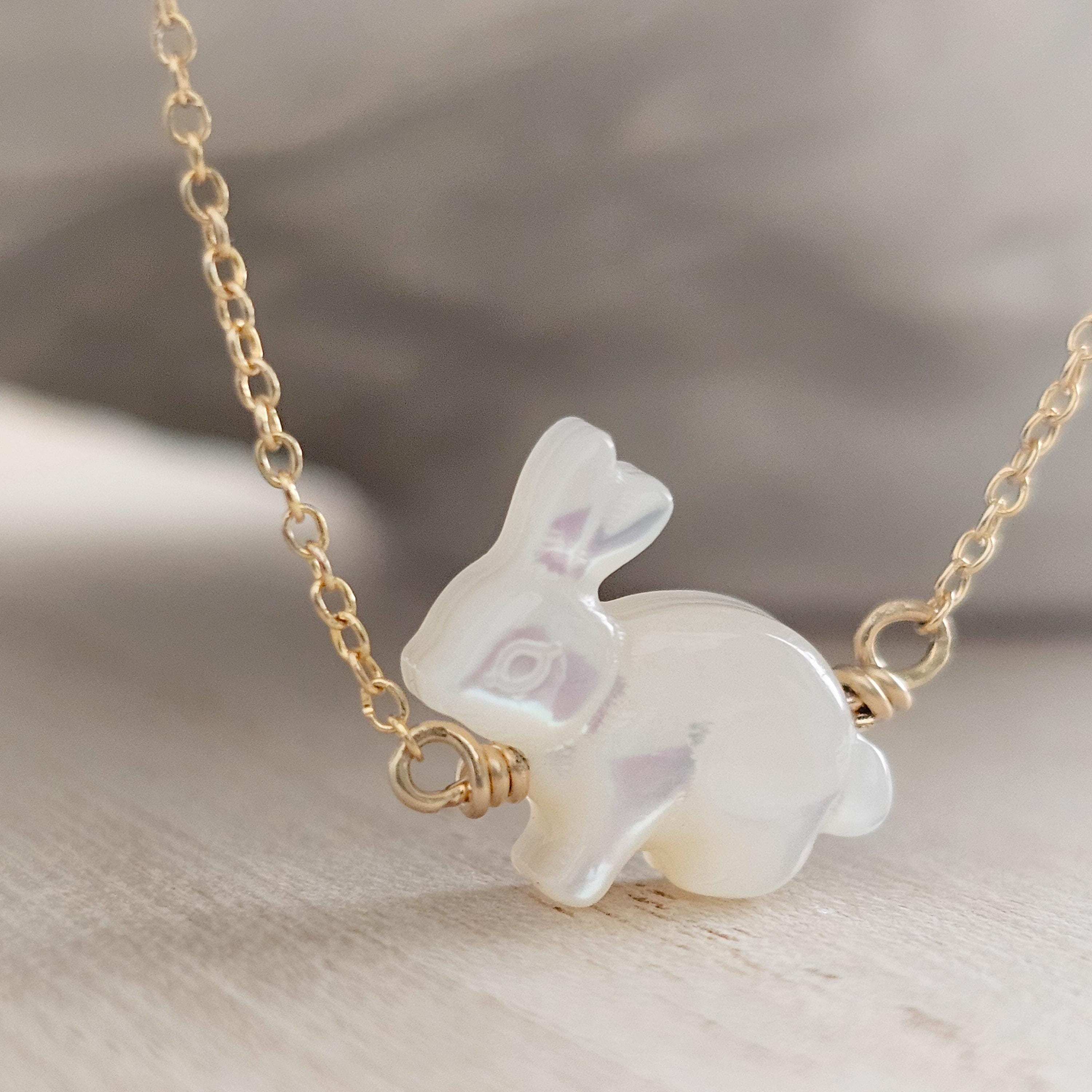 White Rabbit Necklace • Mother of Pearl Bunny Pendant • Good Luck
