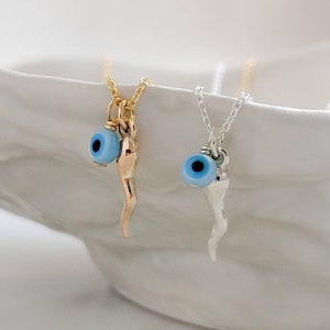 Tiny Italian Horn & Evil Eye Necklace Good Luck Charms Gold Italian Horn Nazar Necklace BFF Gift Protection Amulets Good Vibes image 4