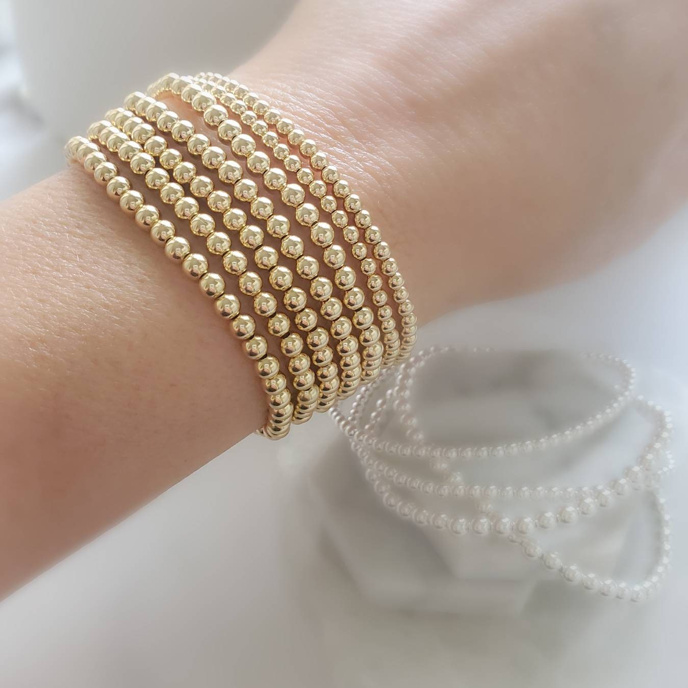 Gold Bead Stretch Bracelet Beaded Stacking Bracelet 14k | Etsy