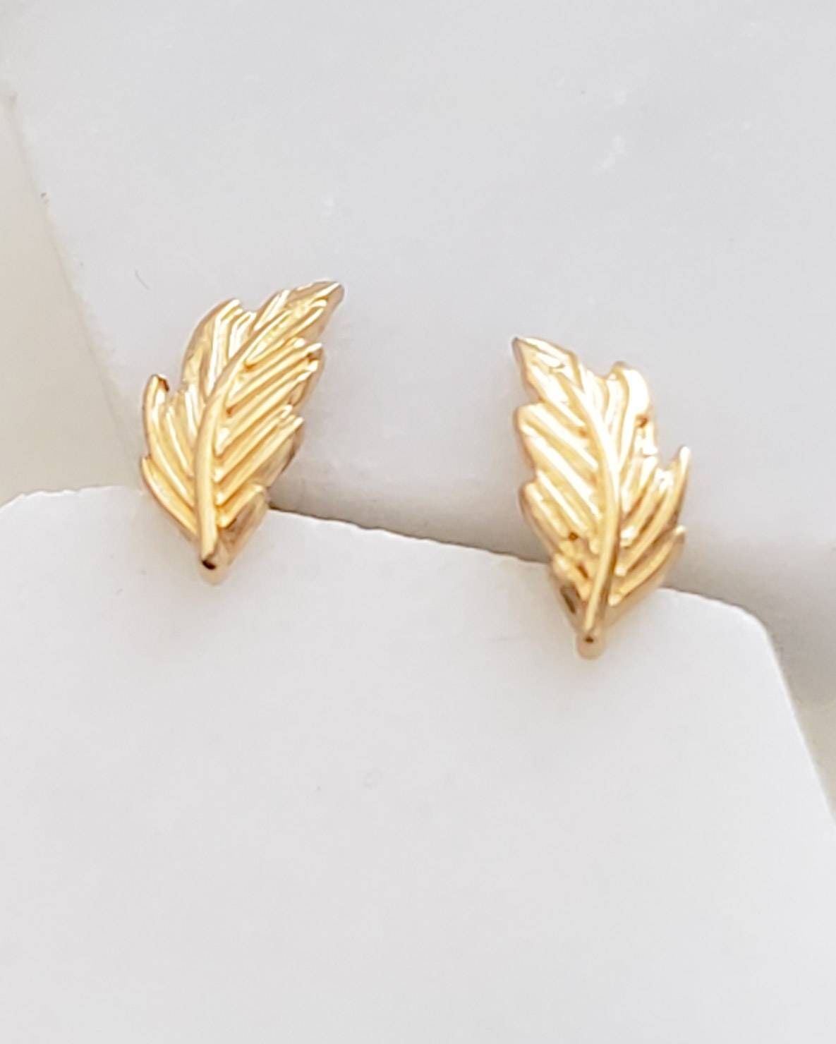 14k Gold Feather Studs Tiny Geather Earrings Little Gold | Etsy