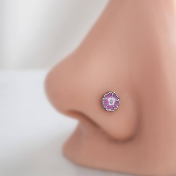 Poppy Nose Stud Pretty Enameled Flower Purple Flower Nose Jewelry 20 Gauge Surgical Steel Floral Nose Ring L Bend