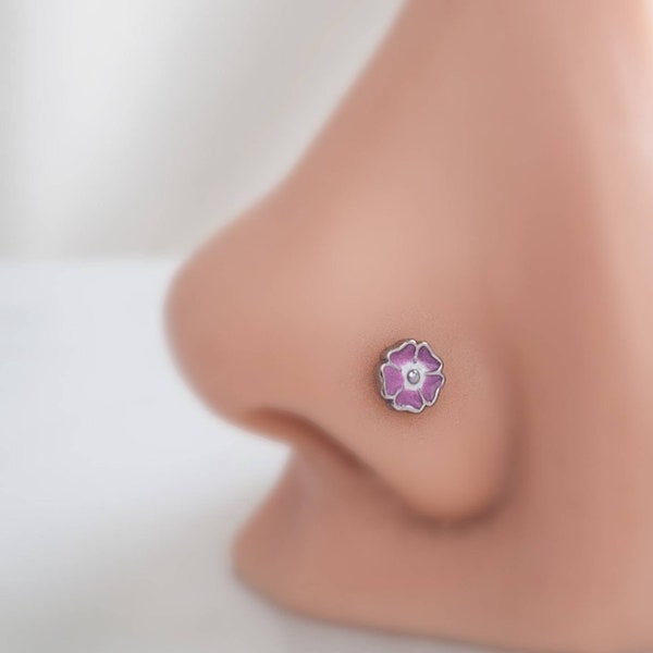 Poppy Nose Stud • Pretty Enameled Flower • Purple Flower Nose Jewelry • 20 Gauge Surgical Steel • Floral Nose Ring • L Bend