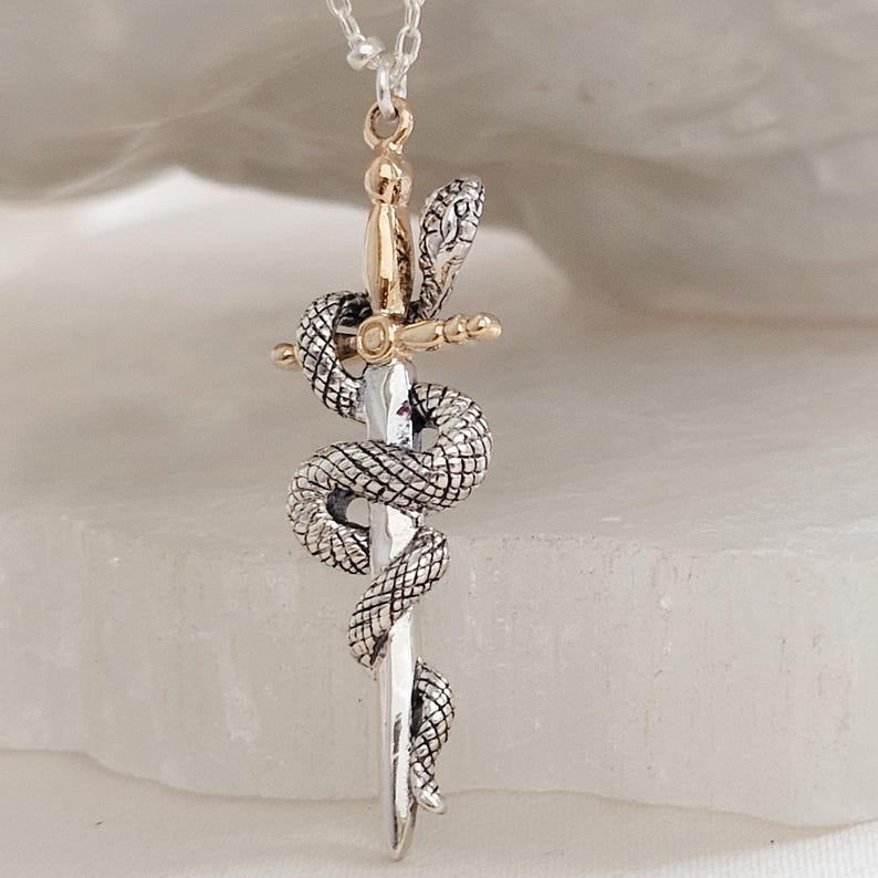 May include: A silver-toned pendant necklace featuring a detailed snake coiled around a sword. The sword's hilt and the snake's head are gold-colored. The necklace hangs from a delicate silver chain, creating a striking, symbolic accessory.