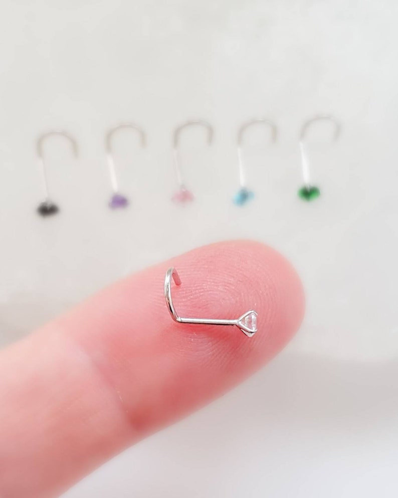 1 Prong Set Sterling 925 Silver Nose Stud With 2mm Clear Gem - 20G Piercing