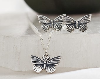 Tiny Butterflies Necklace & Earring Set • Sterling Silver Butterfly Charm • Dainty Layering Necklace and Stud Earrings • Flower Girl Gift