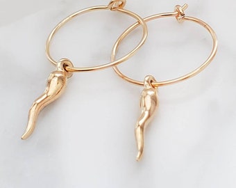 Tiny Italian Horn Hoop Earrings • Thin Gold Hoops • Small Italian Horn • Delicate Hoops • Hoop Earrings • Dainty Jewelry • Good Luck